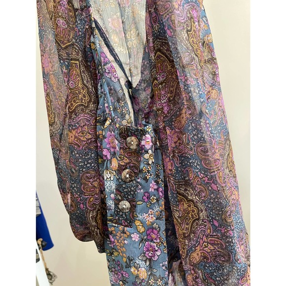 Copper Key Sheer Blouse Blue Purple Floral Flowy Shirt Sz M Kimono Sleeve - Picture 12 of 12